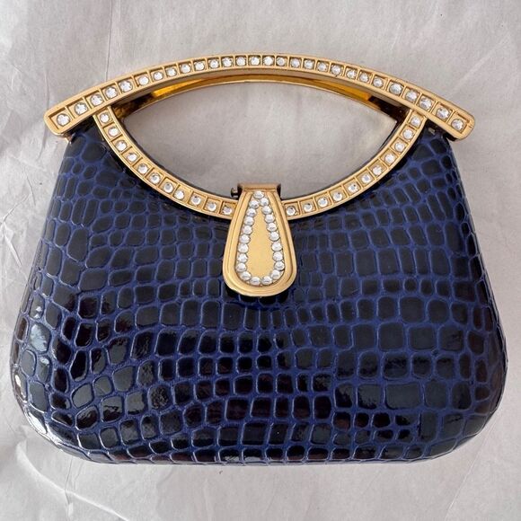 CMG Reptile Embossed Faux Leather Mini Evening Clutch Bag in Navy - Picture 1 of 9